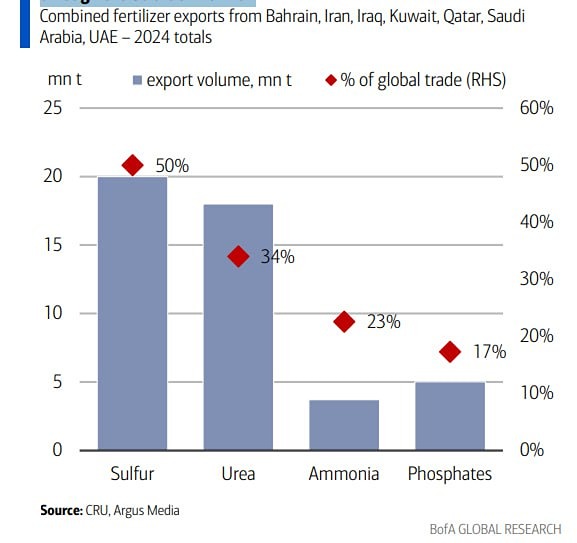 Значительная часть мирового экспорта удобрений проходит через Ормузский пролив