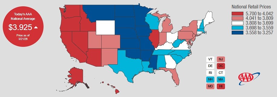 Цены на бензин в США выросли до 3,93 доллара за галлон