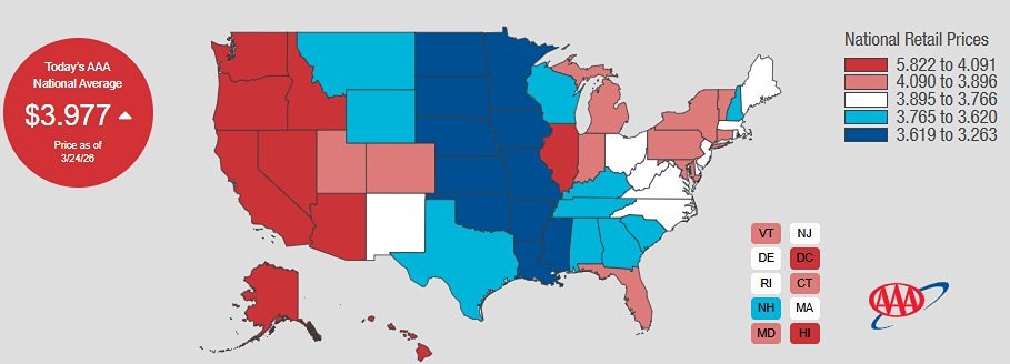 Цены на бензин в США выросли до 3,98 доллара за галлон