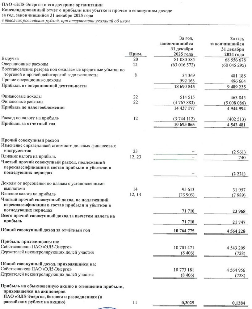 ЭЛ5-Энерго МСФО за 2025 год