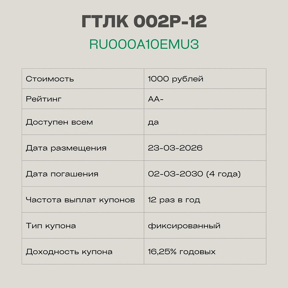 16,25 % без риска перегрева: ГТЛК запускает облигации с амортизацией