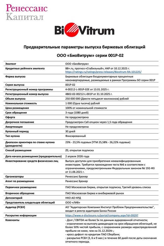 «БиоВитрум» выпускает облигации 001P‑02: доходность до 26,22 % годовых