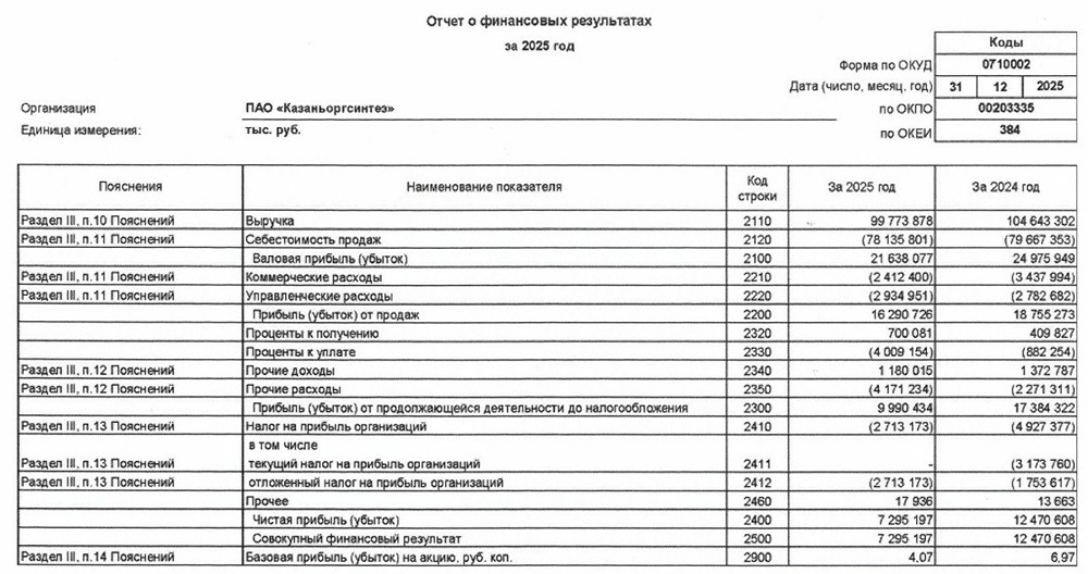 Казаньоргсинтез РСБУ за 2025 год