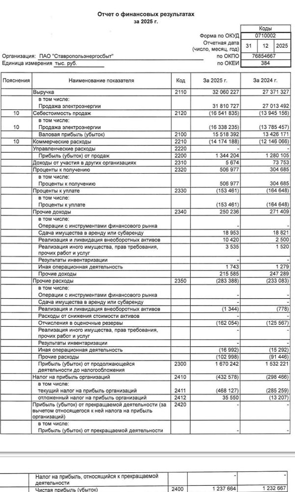 Ставропольэнергосбыт РСБУ за 2025 год