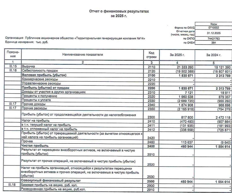 ТГК-14 РСБУ за 2025 год