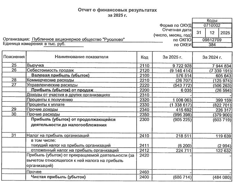 Русолово РСБУ за 2025 год