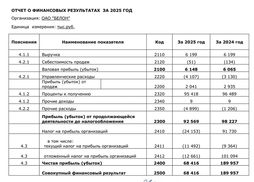 Отчёт Белон по РСБУ за 2025 год