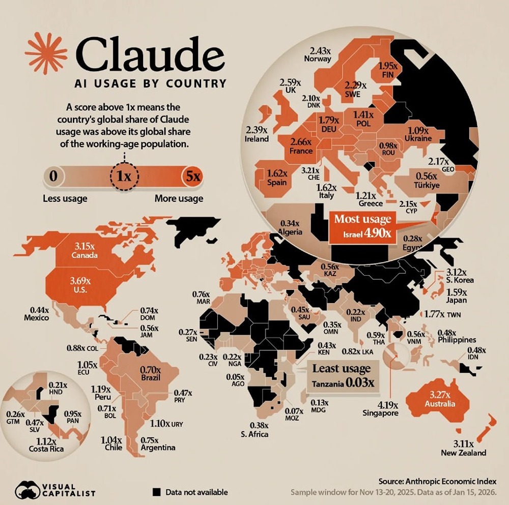 Какие страны чаще всего используют Claude AI?