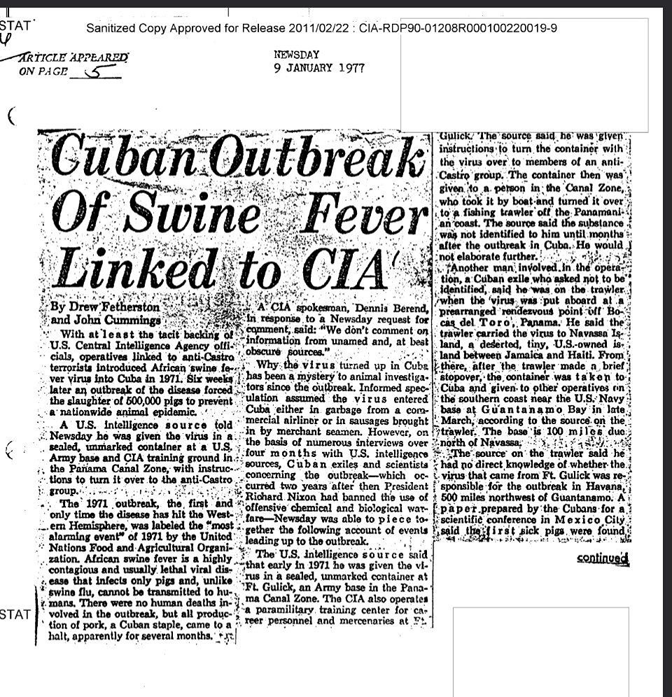 ЦРУ преднамеренно завезло африканскую чуму свиней на Кубу в рамках своей стратегии биологической войны