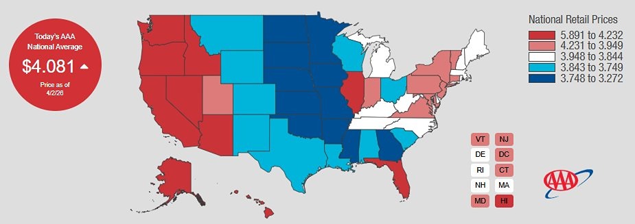 Цены на бензин в США выросли до 4,08 доллара за галлон