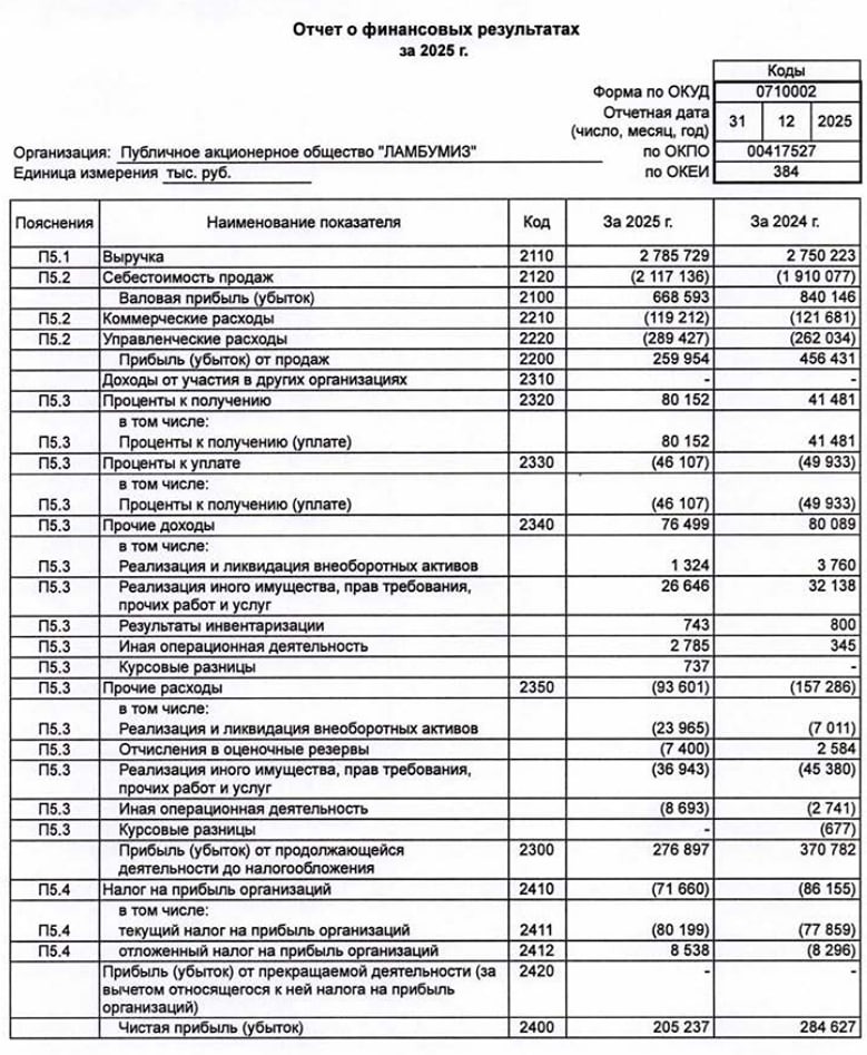 Ламбумиз РСБУ за 2025 год