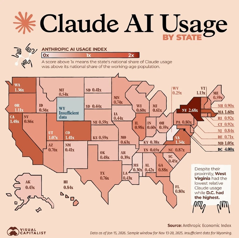 Штаты, где американцы чаще всего используют Claude AI