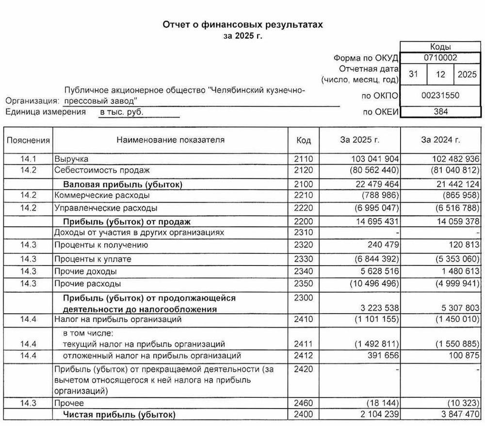 ЧКПЗ РСБУ за 2025 год