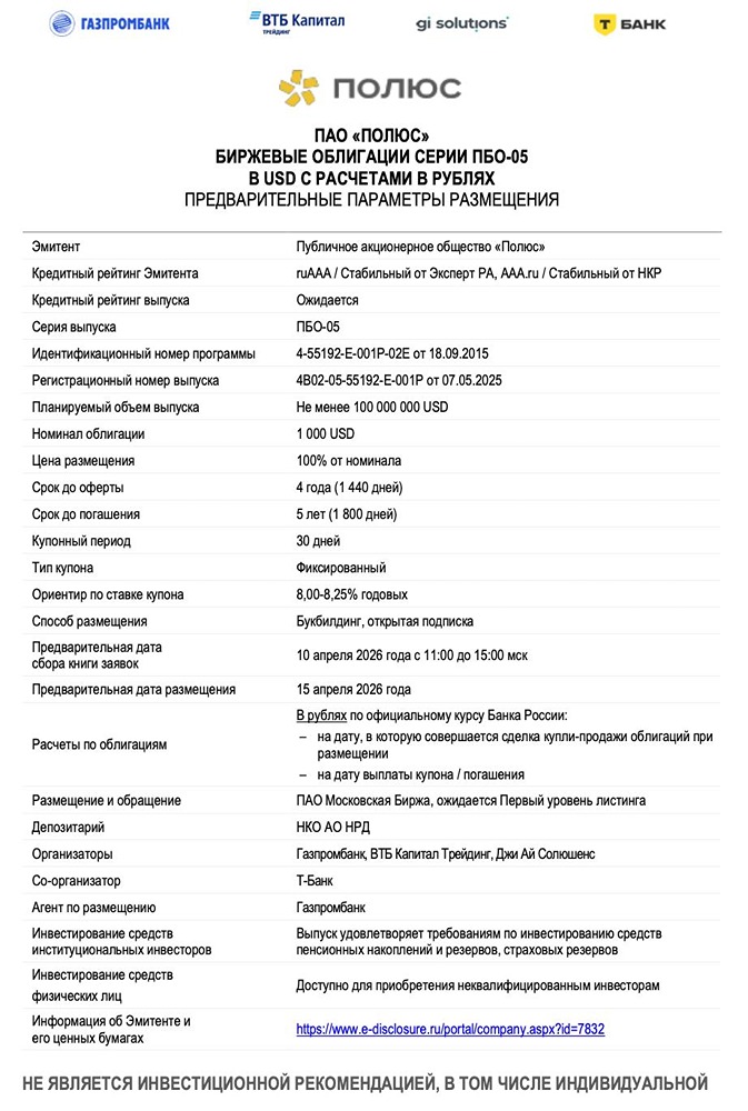 «Полюс» размещает облигации ПБО‑05: $100 млн, 5 лет, купон 8–8,25 %