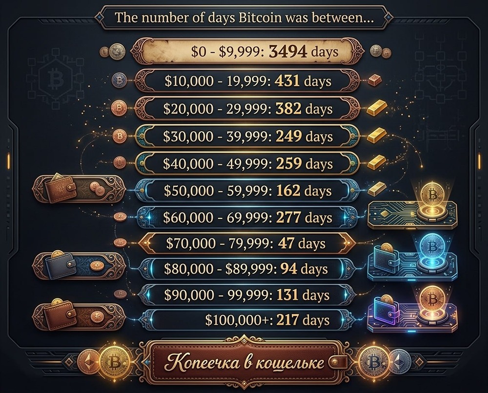 Количество дней, в течение которых биткоин находился в разных ценовых диапазонах