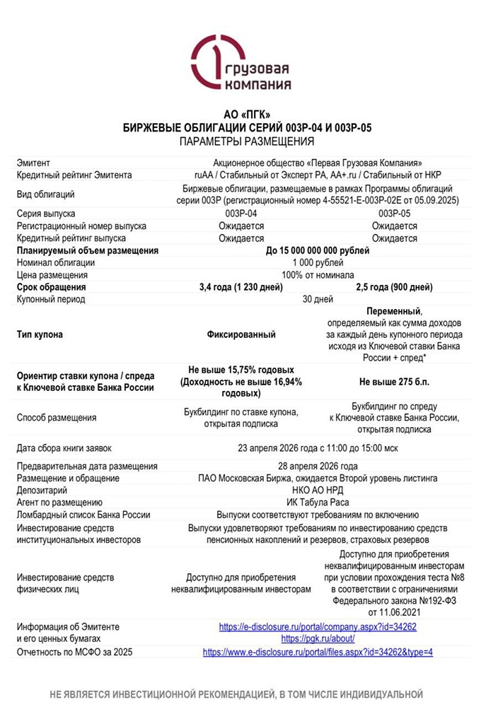 ПГК размещает облигации на 15 млрд руб. 28 апреля 2026 года