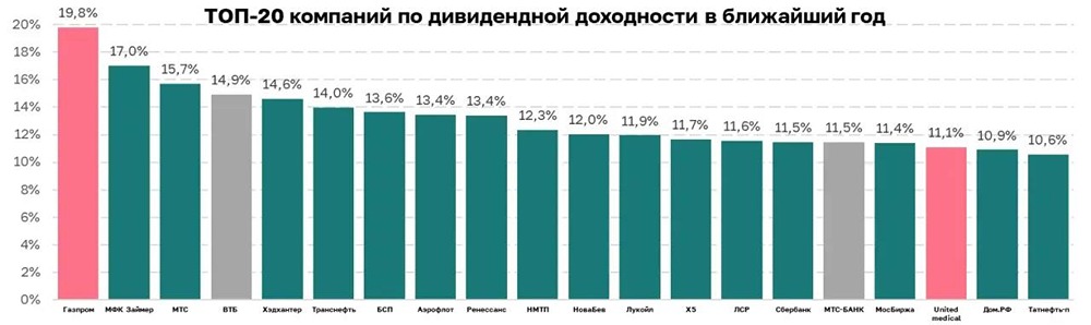 ТОП-20 компаний по дивидендной доходности в ближайшие 12 месяцев