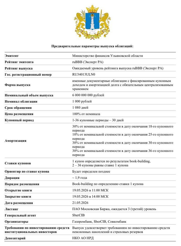 Минфин Ульяновской области размещает облигации на 6 млрд рублей