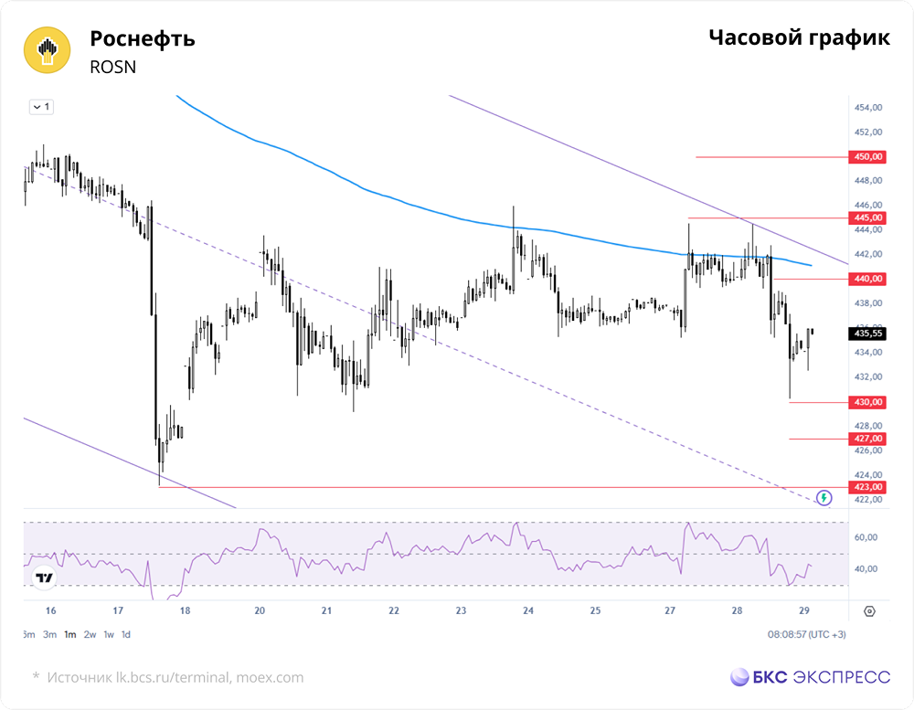 Смогут ли акции Роснефти пробить уровень сопротивления 445 руб.?