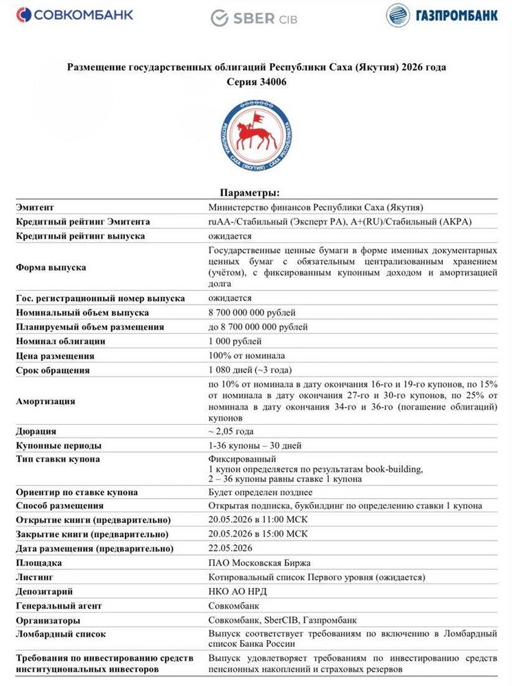 Облигации Якутии 34006: сбор заявок 20.05.2026 — что нужно знать