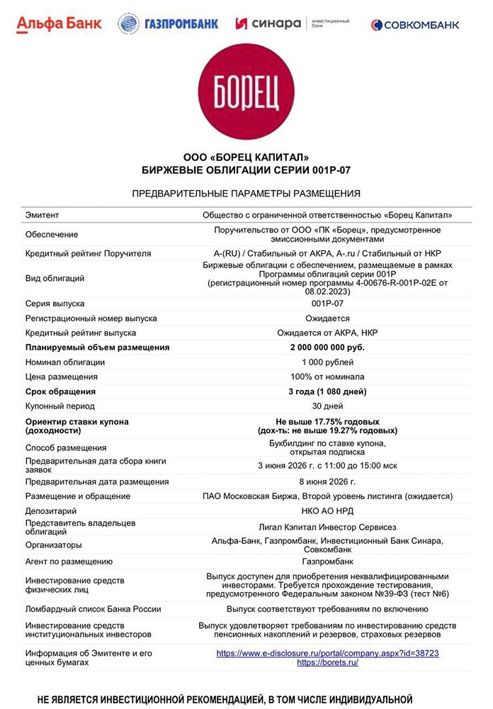 Стоит ли инвестировать в облигации «Борец Капитал» 001Р‑07 с купоном до 17,75%