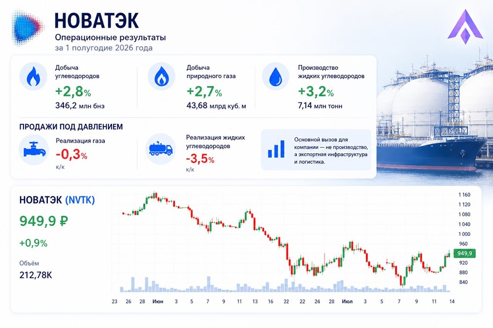 Акции НОВАТЭК: рост добычи на 2,8% при слабом экспорте; на фоне отскока индекса Мосбиржи выше 2200 акции могут стать бенефициарами восстановления
