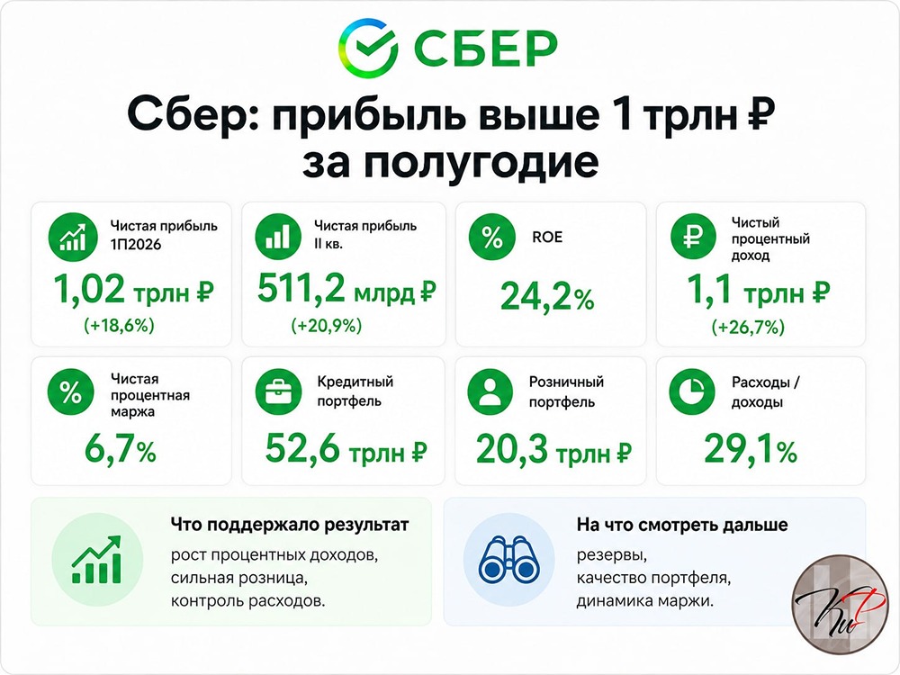 Сбер заработал 1,02 трлн ₽ за полугодие: маржа 6,7%, дивидендный потенциал растёт