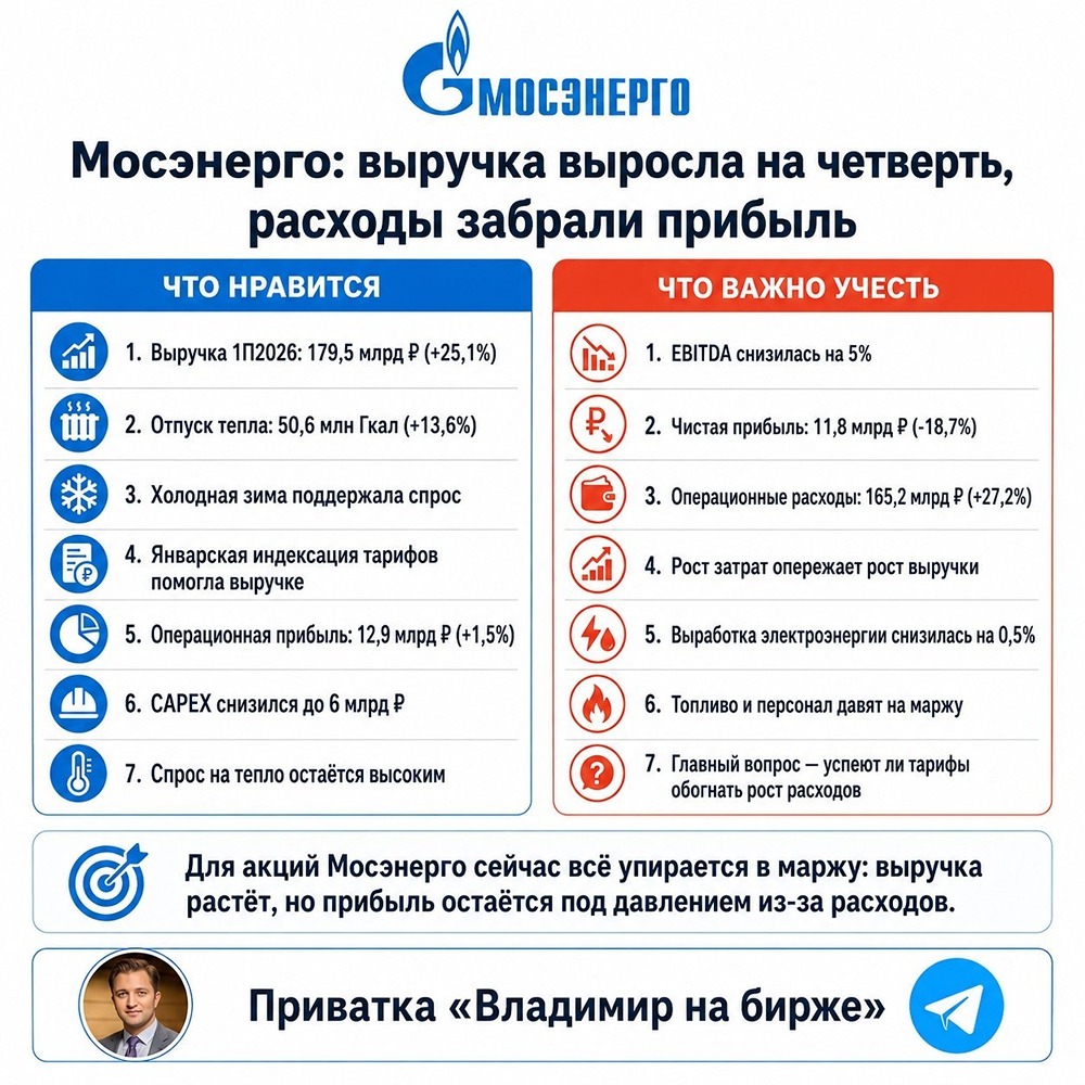 Холодная зима и тарифы подняли выручку Мосэнерго, но себестоимость съела маржу