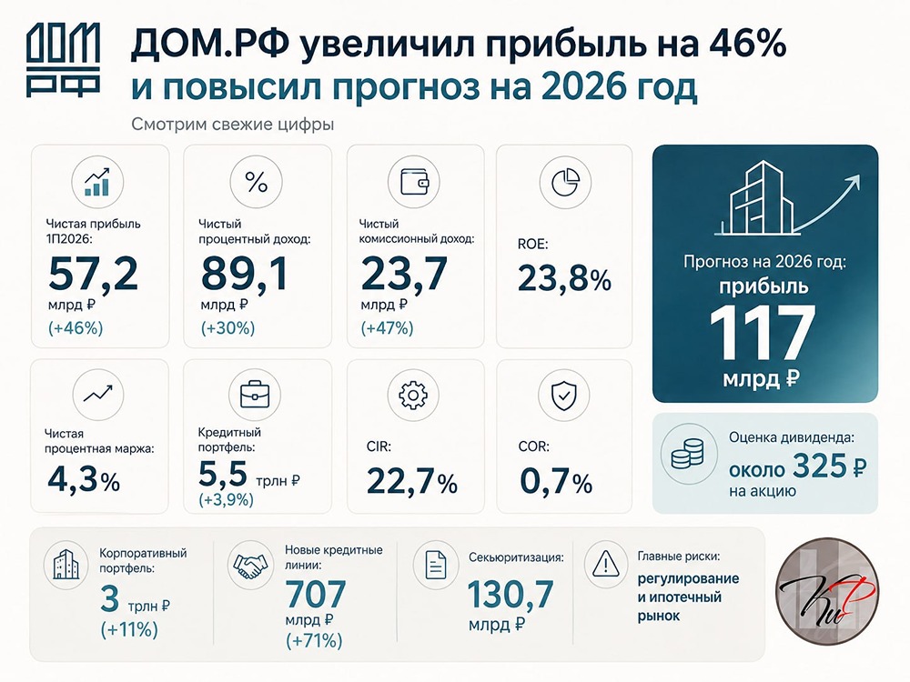 Прибыль ДОМ.РФ растёт опережающими темпами: рентабельность капитала — 23,8%, прогноз дивидендов — ~325 ₽