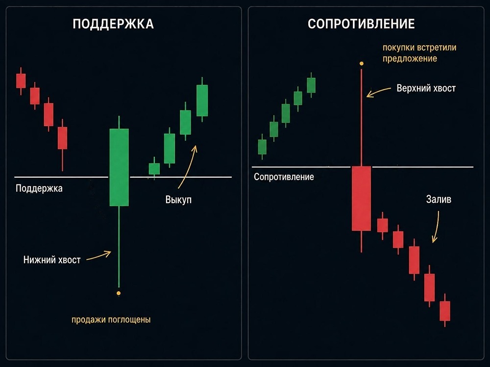 Что означают длинные хвосты свечей на графике акций и как они показывают реакцию рынка