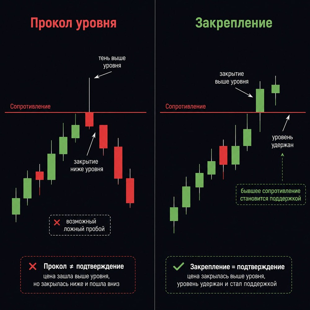 Ложный пробой или тренд: как закрытие свечи отделяет импульс от реального движения на графике акций