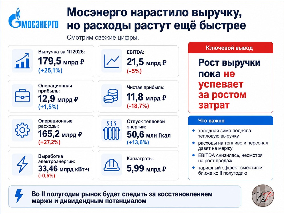 Акции Мосэнерго: выручка +25,1 %, но рост расходов обрушил маржу и прибыль в 1П2026