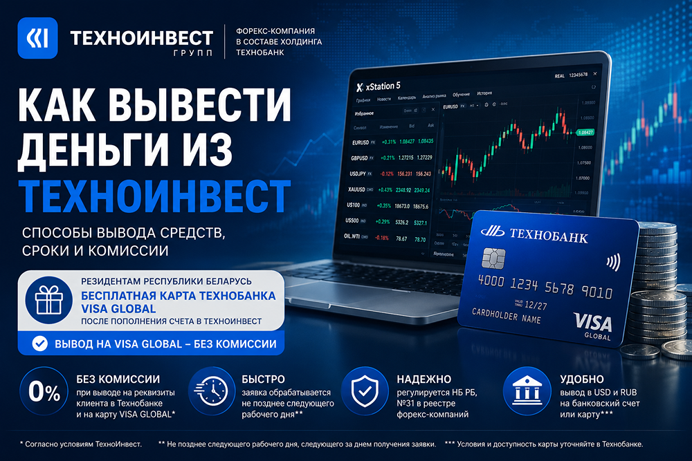 Вывод средств из брокера ТехноИнвест: бесплатно на Технобанк и VISA GLOBAL