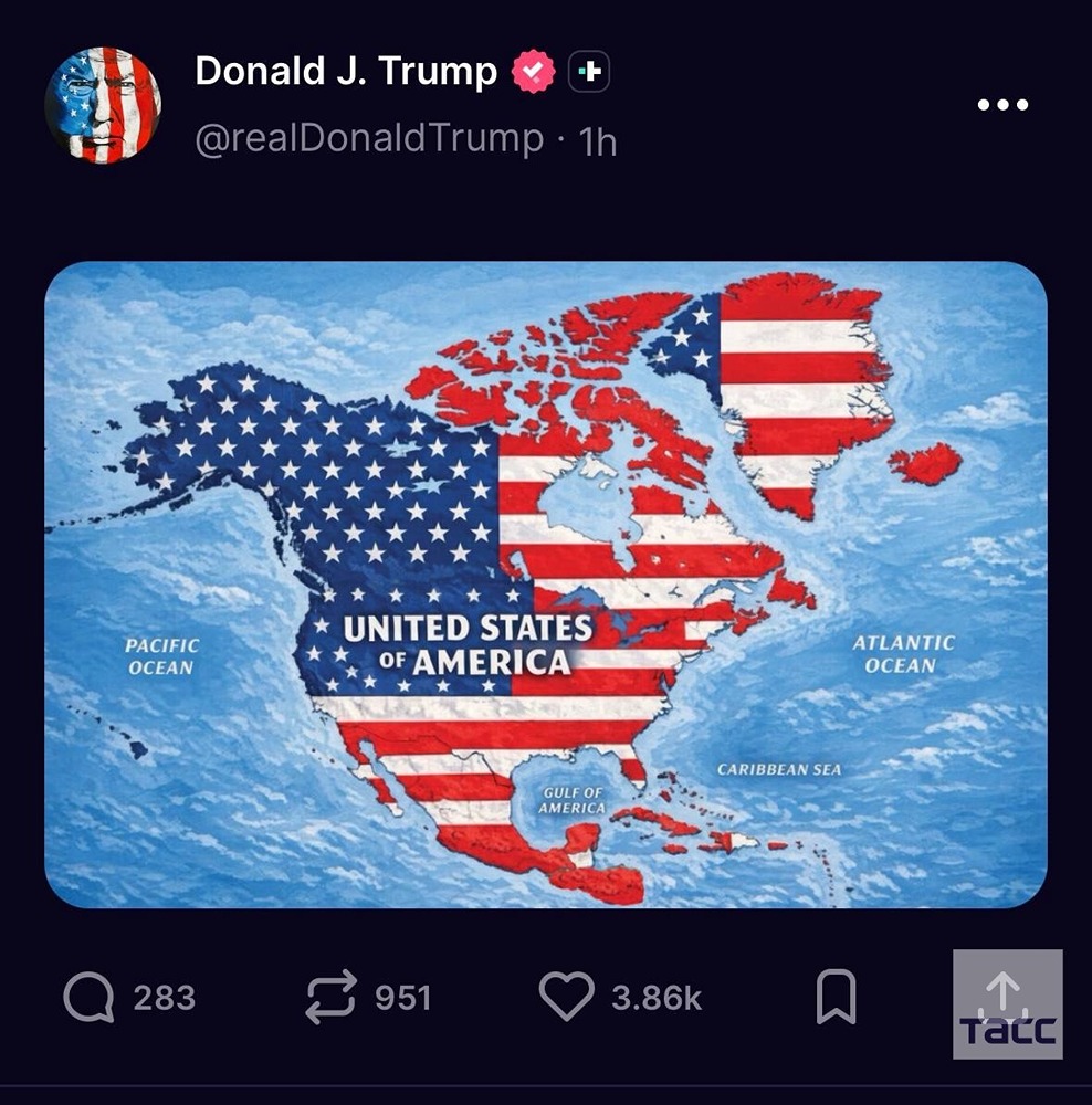 Геополитический ребус от Трампа: на карте в цветах американского флага — Мексика, Канада и другие государства