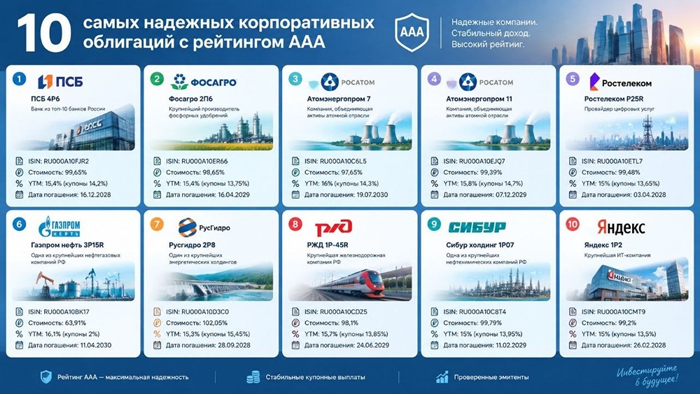 Топ-10 корпоративных облигаций с рейтингом ААА: доходность к погашению от 15% до 16,1% на фоне снижения ставок по вкладам до 12,4%