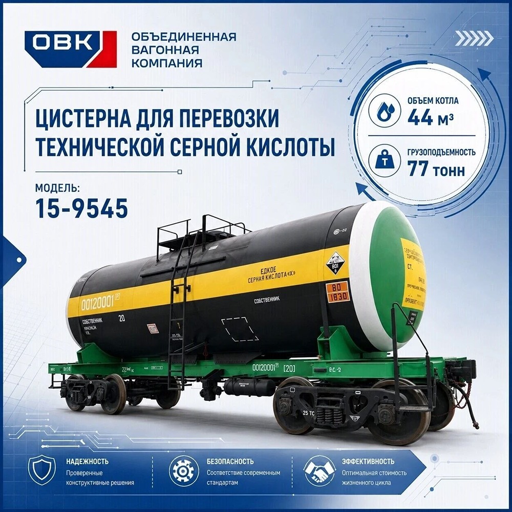 Повышенная эффективность перевозки серной кислоты: цистерна 15‑9545 (НПК ОВК) берёт на 10% больше груза и требует ремонта реже — это снижает тарифную составляющую и общую стоимость транспортировки