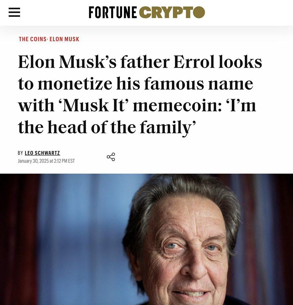 Эррол Маск, отец Илона Маска, решил использовать свою знаменитую фамилию в собственных интересах, создав мемкоин под названием Musk It. Он надеется привлечь до 200 миллионов долларов, чтобы профинансировать свой новый научный институт
