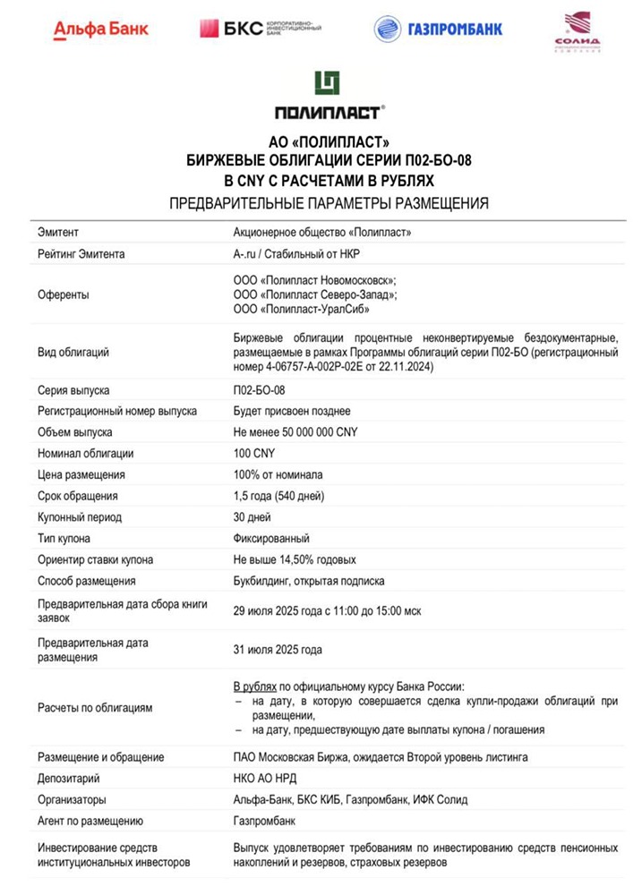 Облигации Полипласт: новые выпуск на 50 млн юаней, срок до 2027 года с доходностью до 14,5%